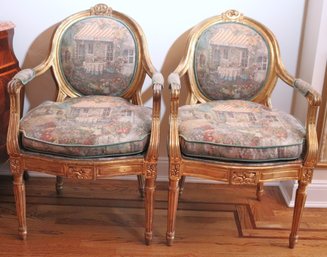 Pair Of Vintage Finely Finished Louis The XVI Style Padded Arm Chairs With Custom French Restaurant Tapestry