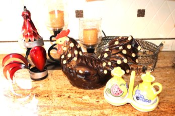 Large Ceramic Rooster & Wrought Iron Candle Holder