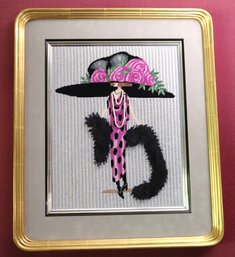 Framed Needlepoint Embroidery Of 1920s Era Lady With Pearls And Extravagant Hat, In A Gold Leaf Frame