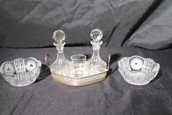 Mini Liqueur Set In Sterling Holder And 2 Cut Crystal Bowl.