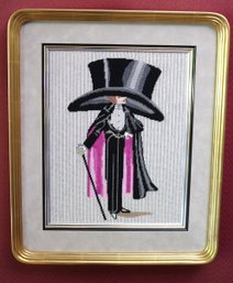 Framed Needlepoint And Embroidery Of 1920s Gentleman With Cane And Extravagant Hat, In A Gold Leaf Frame