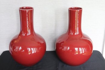 Pair Of Ceramic Chinese Style Oxblood Color Vases With Blue Stamp On Underside
