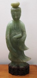 Vintage Tall Green Jadeite Goddess Figurine On Carved Wooden Stand.