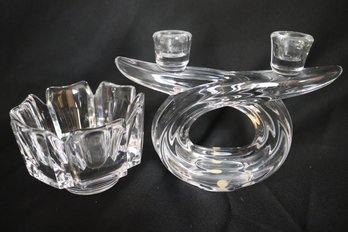 Vaunes, France, Crystal Double Candlestick And Oreffors Small Bowl.