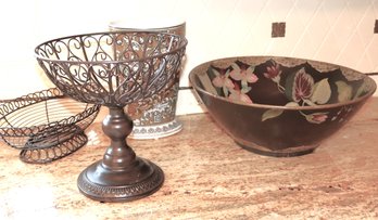 Home Decor Includes A Large Bowl With Floral Pattern, Large Vase & Decorative Baskets!
