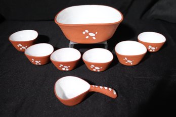 Pottery With Glazed Interior With 6 Small Serving Bowls And Scoop