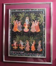 LG Indian Cloth Painting Lord Krishna Frame 41.5 X 51 Inches  Dk Background, Dbl Silver Metal And Plexiglass.