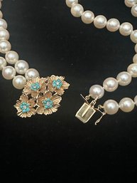 14K YG Beautiful 15 Inch Double Stranded Pearl Necklace With Turquoise And Diamond Floral Design Closure