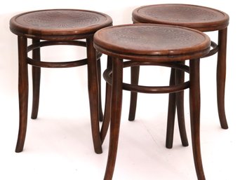 Set Of 3 Austrian Jacob & Josef Made Bentwood Stools With Embossed Detail On The Seat