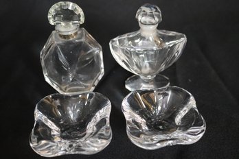 Four Baccarat French Crystal Items- 2 Perfume Bottles And 2 Mid Century Glass Salt Cellars.