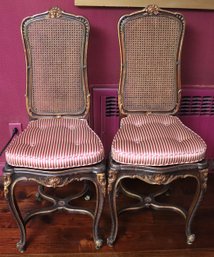 Pair Of French Louis XV Style Side Chairs With Caned Back And Attached Striped Silk Cushions.