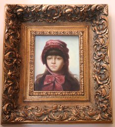 The Red Bonnet Portrait Painting Of A Young Woman With Bonnet And Ribbon By Claude In An Ornate Carved Wood