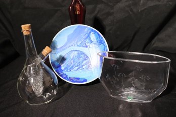 Orrefors Etched Vase, Decorative Souvenir Plate, Oil And Vinegar.