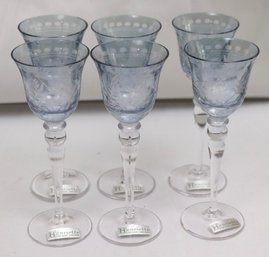 Set Of 6 Fine Handmade Henriette Etched Aperitif Glasses With Blue Tint