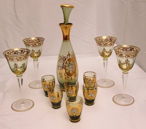 Bohemian Green Glass And Gold Decanter With 6 Liquor Glasses And 4 Stemmed Glasses.
