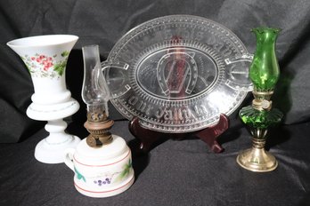 Milk Glass Hurricane Lamp & Vase, Glass Bread Plate And Small Green Hurricane Lamp.