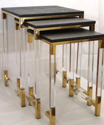 Set Of 3 Modern Nesting Tables With Lucite Legs & Faux Snakeskin Tops