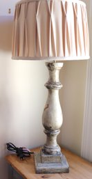 Country French Wooden Column Lamp With Distressed Finish And Pleated Shade.