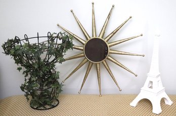 Decorative Sunburst Mirror Measures, Eiffel Tower Resin Sculpture & Decorative Metal Basket