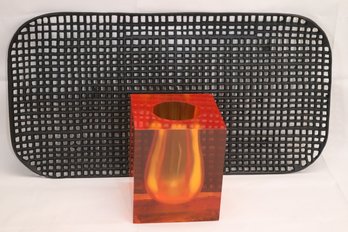 Vintage Orange, Lucite, Internal Scooped, Vase, And Black Metal Cut Out Square Tray