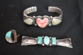 Native American Sterling Silver Cuff Bracelet With Pink Stone Heart, Sterling & Turquoise Pin And Ring.