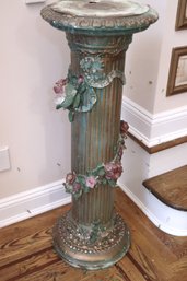 Vintage Ceramic/plaster Pedestal With Floral Accents In A Patinated Finish