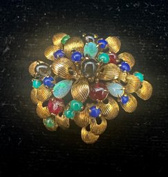 14K YG Abstract Design Brooch Pin With Various Semiprecious Gemstone Accents