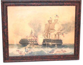 Battle Between Constitution & Guerriere War Of 1812 American Primitive Watercolor 19th Century- Burton E.
