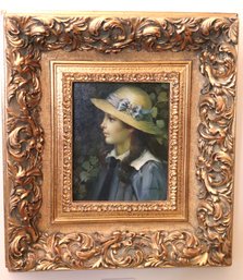 Portrait Painting Of A Young Woman With A Blue Hat & Ribbon By Claude In An Ornate Carved Wood Frame