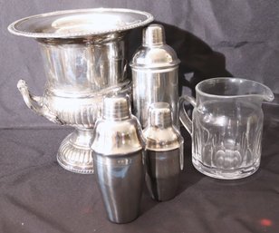 Saks Fifth Avenue Made In Sheffield England Champagne Bucket With Handles, Limor Pitcher, Stainless Cocktail