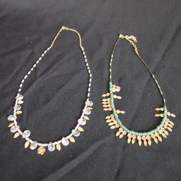Two Interesting Necklaces With Leaf Motif And Green And Clear Stones.