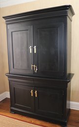 Antique French Directoire Style Armoire Cabinet In Rich Dark Wood Stain With Modern Brass Hardware