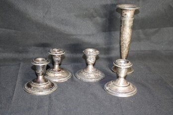 TWO PAIR (4)  EMPIRE STERLING SILVER WEIGHTED CANDLESTICKS PLUS WEIGHTED STERLING BUD VASE (MONOGRAMED)
