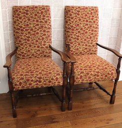 Pair Of High Back Louis XIII Frenchstyle Armchairs With Red & Yellow Leopard Fabric