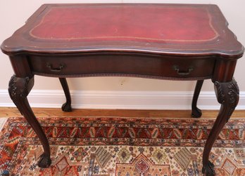 Vintage Chippendale Style Leather Top Carved Wood Drop Leaf Table With Claw Feet
