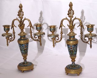Pair Of Antique Bronze And Champleve Double Arm Footed Candle Holders.