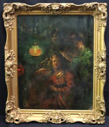 Antique Oil On Board Painting Of Women With Colorful Japanese Lanterns In An Ornate Gilded Frame.