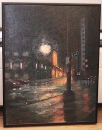 NYC Street Scene At Night In Metal Frame Signed By Artist