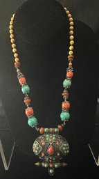 Fun 18 Inch Beaded Necklace And Metal Pendant Decorated With Coral And Turquoise