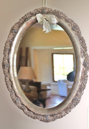 Antique Silver-plated Tray With Oval Mirror Inset, Hanging On Silk Ribbon.