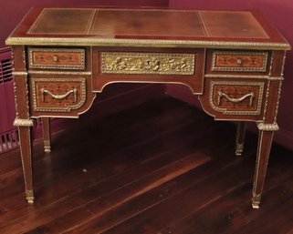 Splendid French Style Inlaid Wood Partners Desk With Leather Top And Gorgeous Ormolu.