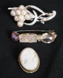 Three Pins, Including Cameo With Sterling, Silver Pin With Real Pearls And Safety Pin With Crystals.