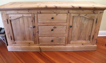 Rustic 6 Ft. Long Pine Cabinet With 3 Drawers And2 Doors.