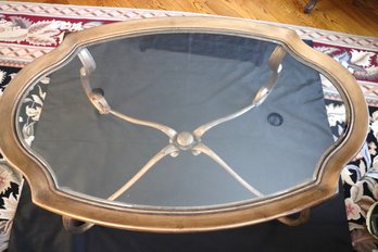 French Style Gilt Metal Coffee Table With Glass Top And Scrolled Legs.