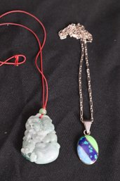 Carved Jade Pendant On Red String Necklace And Sterling Mexico Inlaid Stone Pendant On Silver Necklace.