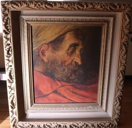 Listed Artist Morton Roberts Highly Detailed Antique Painting Of Bearded Man In A Red Cloak,  Antique Frame