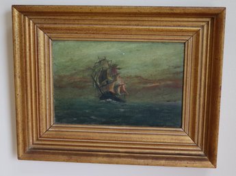 Small Antique Marine Painting Of Sailing Ship At Sunset Signed By Artist In Gold Frame