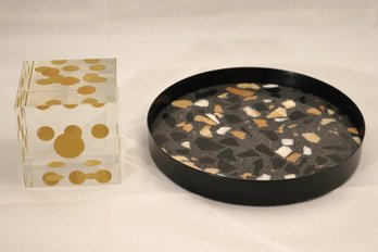 Lucie Kaas Terrazzo Tray & Large Glass Dice With Gilt Circles