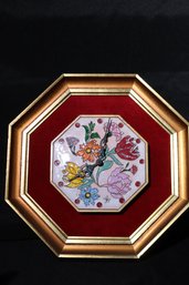 Framed Octagonal Enamel Plaque Clock On Red Velvet And Gold Frame
