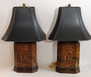 Pair Of Table Lamps With Painted Landscape Scene Of Medieval Town